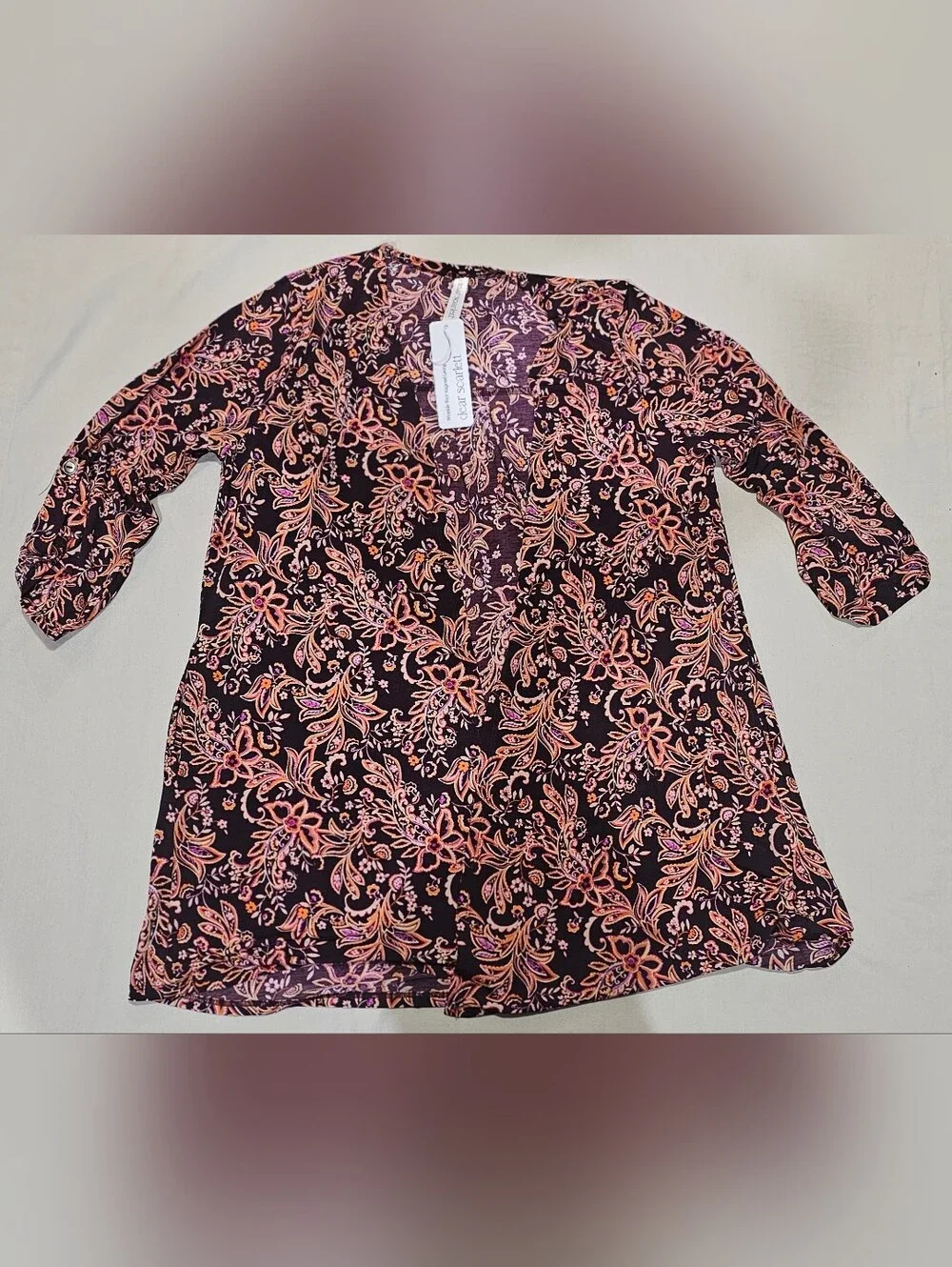 Dear Scarlett Dark Chocolate Floral Tunic Cardigan with Pink & Orange Accents